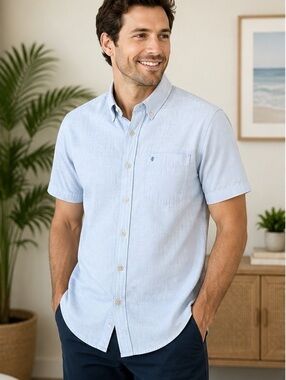 IZOD Saltwater Men’s Medium Blue White Stripe Short Sleeve Button Down Shirt